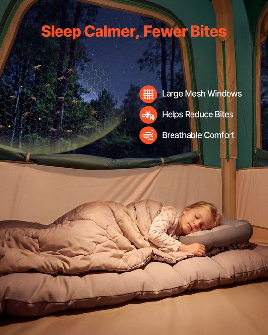 VEVOR Campingtent voor 4 Personen, Opblaasbare Familietent met Oplaadbare Pomp, Tpu-Luchtslang en 5 Gaasramen, Cabinetent met Draagtas voor Gezinskamperen en Wandelen, Groen van Vevor — afbeelding 3