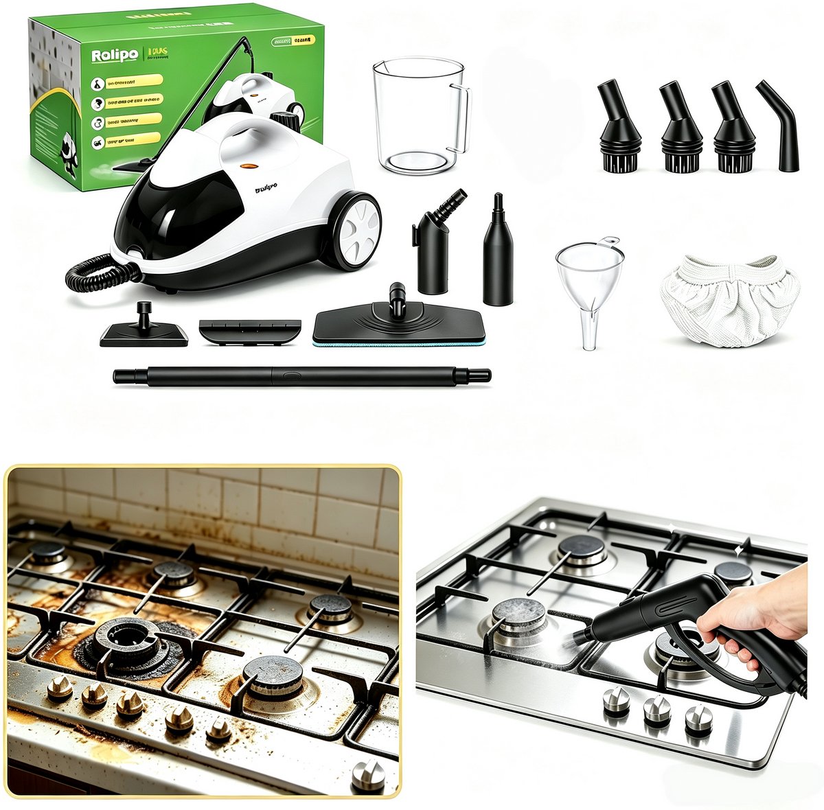 Rolipo Stoomreiniger 2000W - 4 Bar stoomdruk - 2L watertank - 40 min gebruiksduur - Vloerreiniger - Voor keuken, badkamer en ramen - Inclusief accessoires - Wit/Zwart