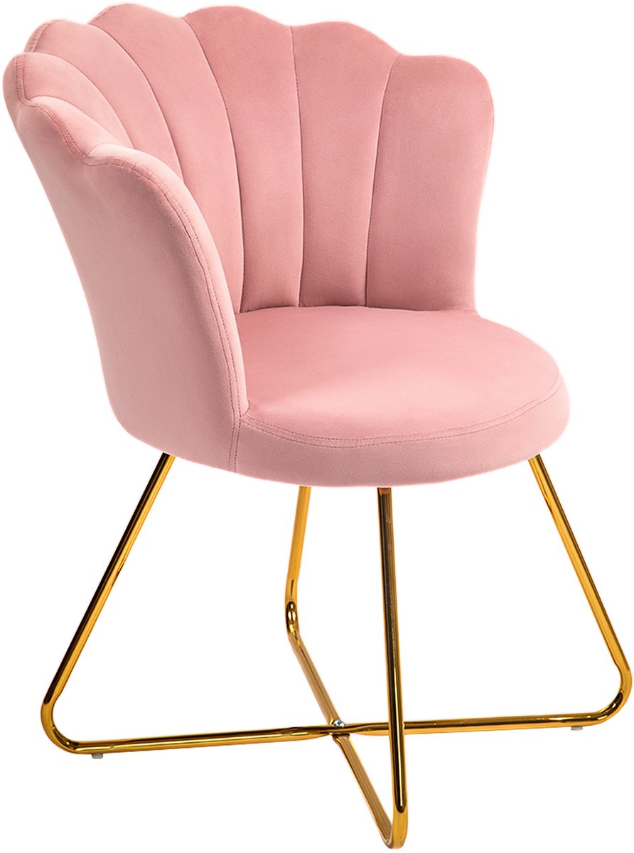 Shell-stoel, kaptafel, fluwelen stoel, woonkamerstoel met stalen poten voor de woonkamer en slaapkamer, 69 x 64 x 80 cm, roze