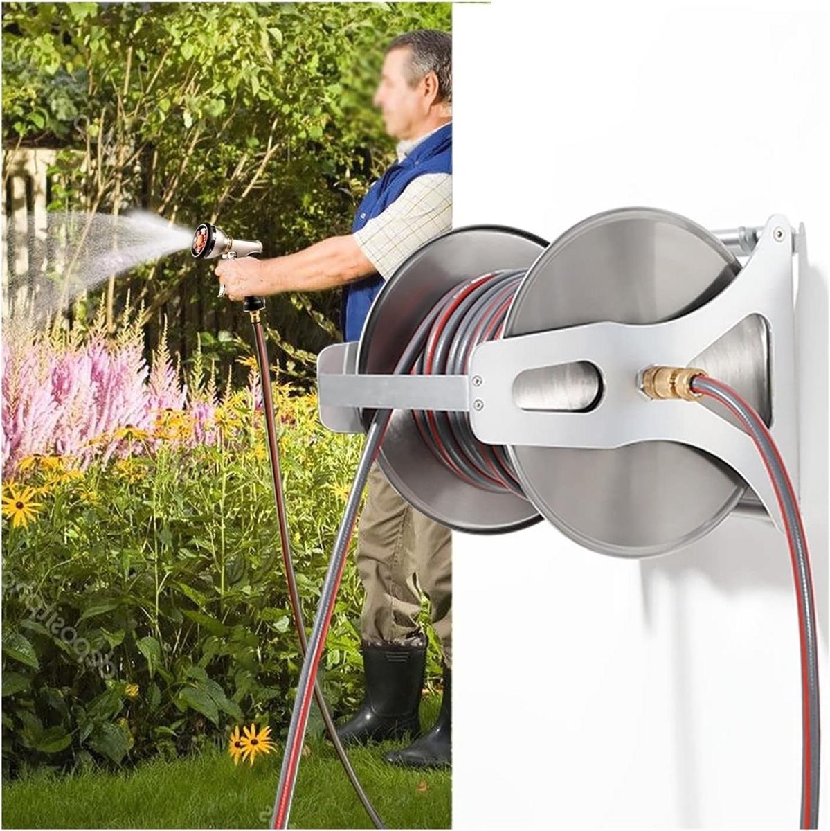 Tuinslanghaspel - Slangopberger Wagen - Tuin Besproeien - Aan Muur Monteerbaar - 10 meter - Zilver