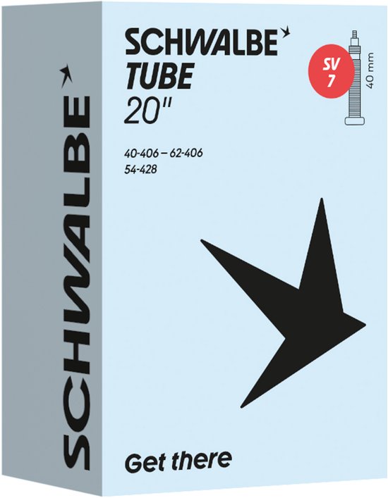 Doos van de Schwalbe SV7 fietsbinnenband, maat 20 inch, met 40mm ventiel.