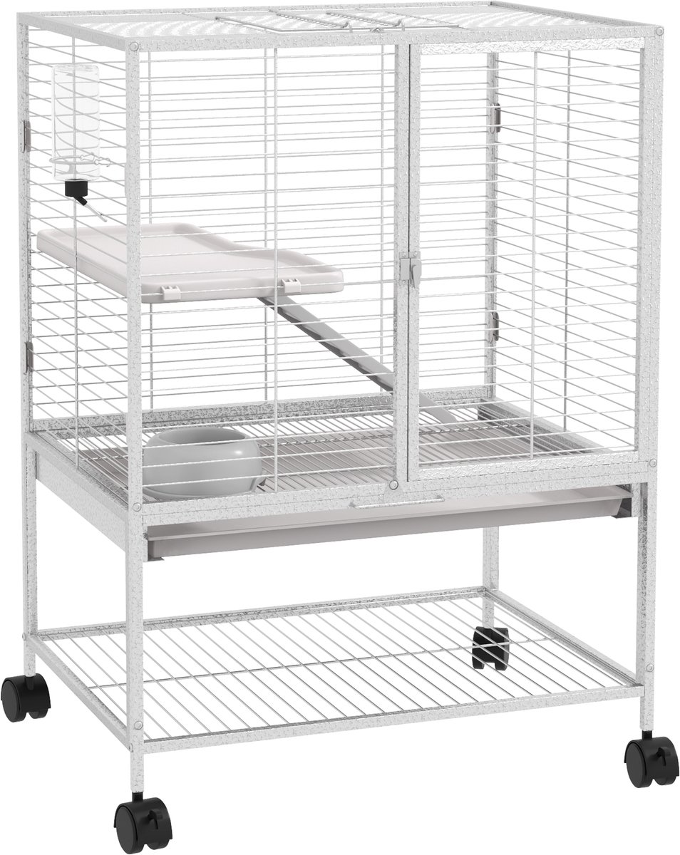 Kleine huisdierenkooi op wieltjes – dubbel verdiept – met 2 deuren – 1 hellend pad – 1 opbergrek – voerbak – drinkfles – afmetingen 61,5 x 44,5 x 86 cm – grijs