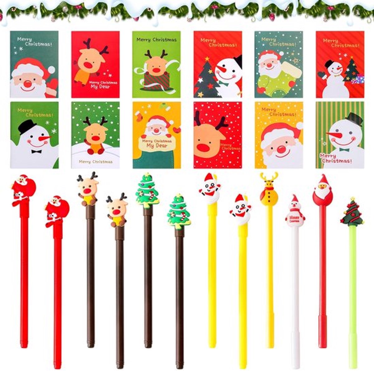 Kerst-schrijfwaren Set van 24 - Balpen - Notitieblok - Markeerpen - Cartoon-kerstboom - Sneeuwpop - Hoogwaardig papier - Schrijfset