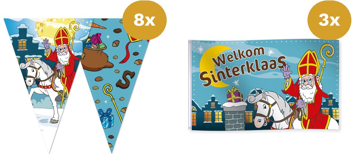 Sinterklaas Versiering Gevelpakket XL - 8x Vlaggenlijn 10m & 3x Gevelvlag 150x90cm - Buurt & Verenigingsversiering