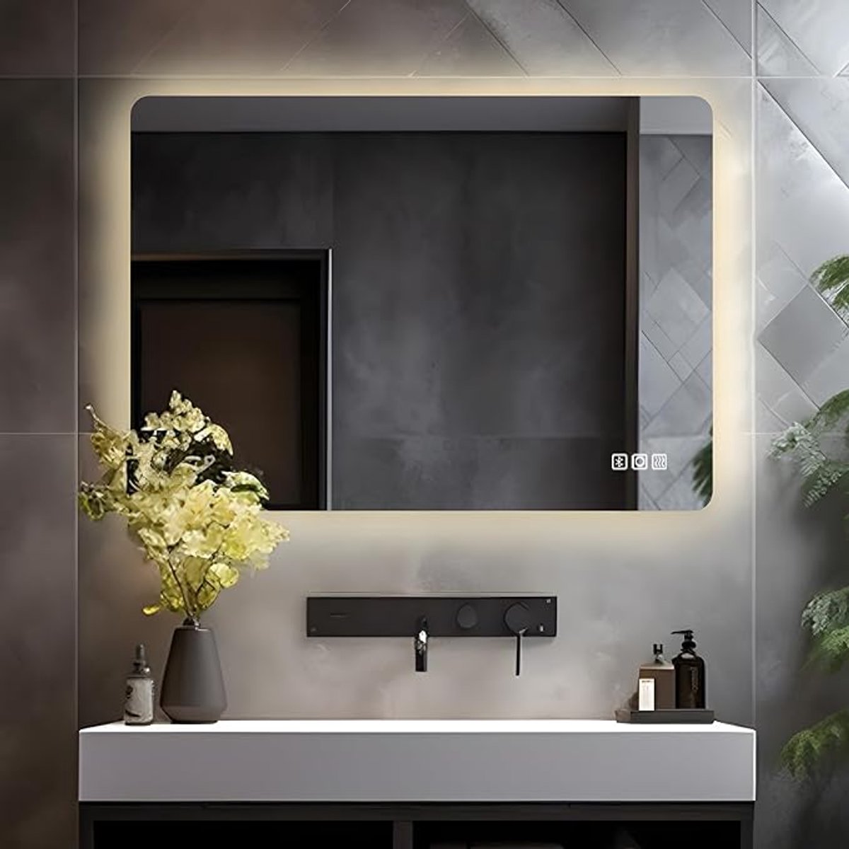 Bluetooth Badkamerspiegel Met Verlichting - LED Spiegel 80 x 60 cm - Met Stopcontact - Dimbaar - Moderne Spiegel Voor Badkamer