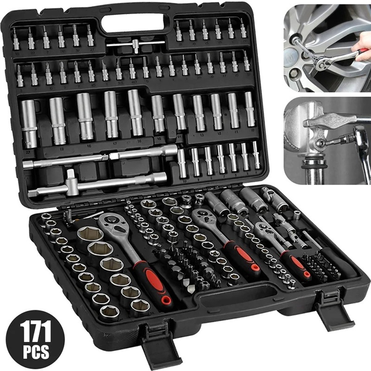 Auto gereedschap autogereedschapsset - 171-delige dopsleutelset - 1/4″ 3/8″ 1/2″ - Altijd het juiste gereedschap - Overzichtelijk in koffer - Direct aan de slag