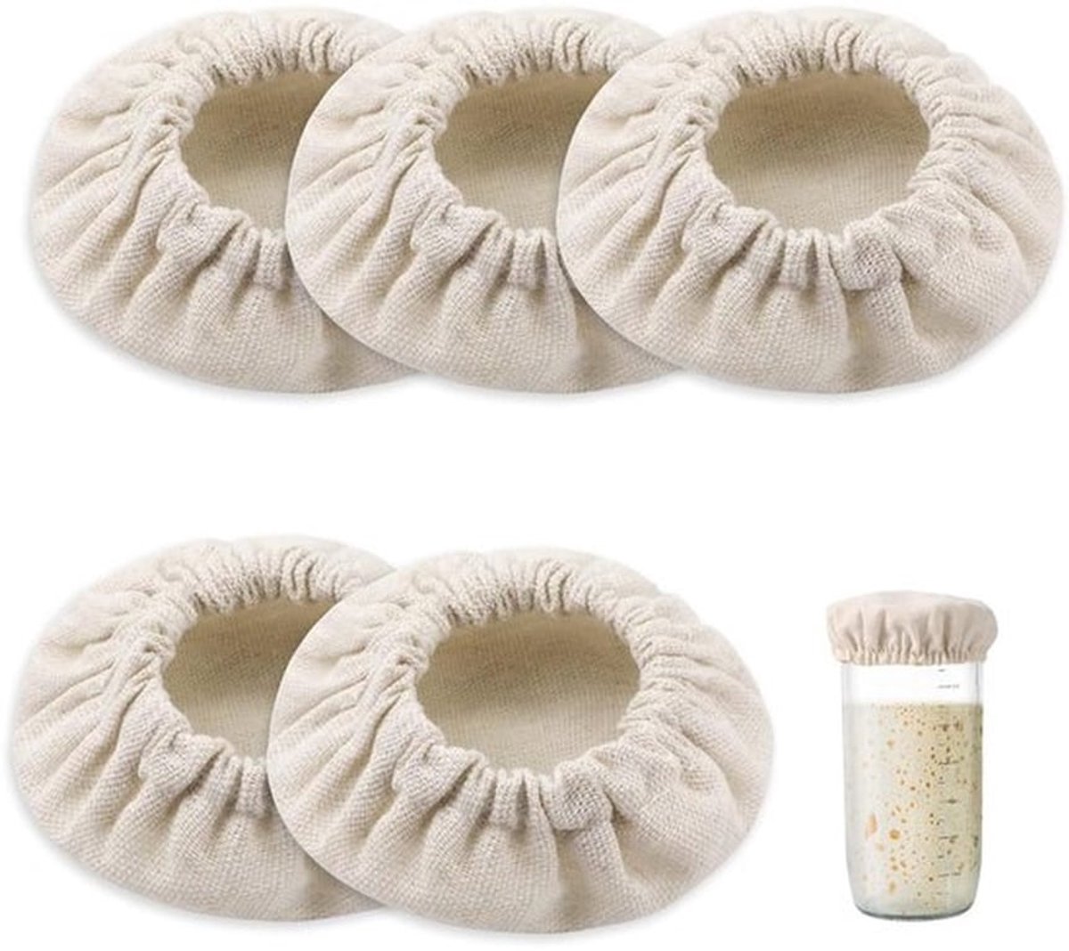 Zuurdesem Cover Herbruikbaar - Katoenen Potdeksel - 5 Stuks - Voor Potten 7,6-10,2 cm - Linnenkleur - Duurzaam Materiaal