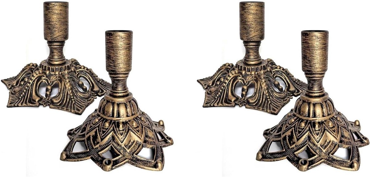 Kaarshouders Set - Kandelaars Messing - Diner Decoratie - Vintage Design - 4 Stuks - Goud