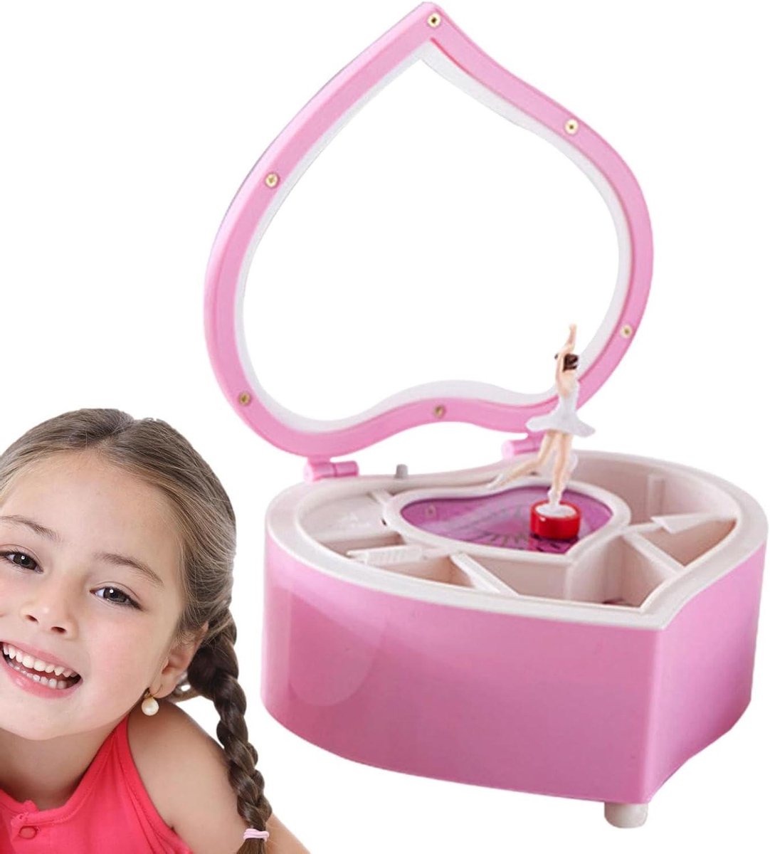 Ballerina Sieradendoos - Muziekdoos Meisjes - Sieraden Opbergen - Hartvormig Muziekdoosje - 17.8 cm - Roze