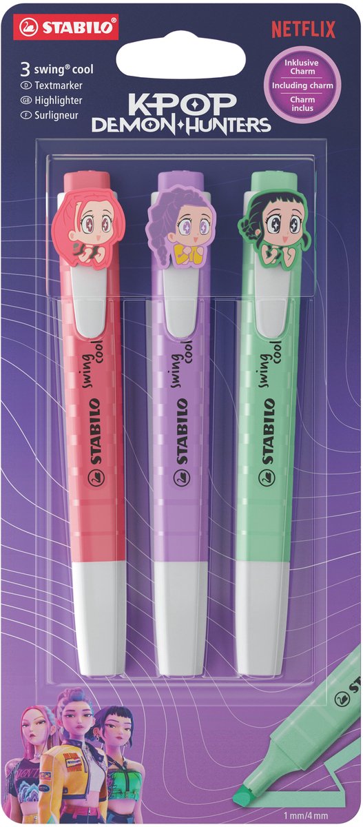 STABILO x KPop Demon Hunters swing cool - Markeerstift + KPop Charm - Blister 3 Kleuren