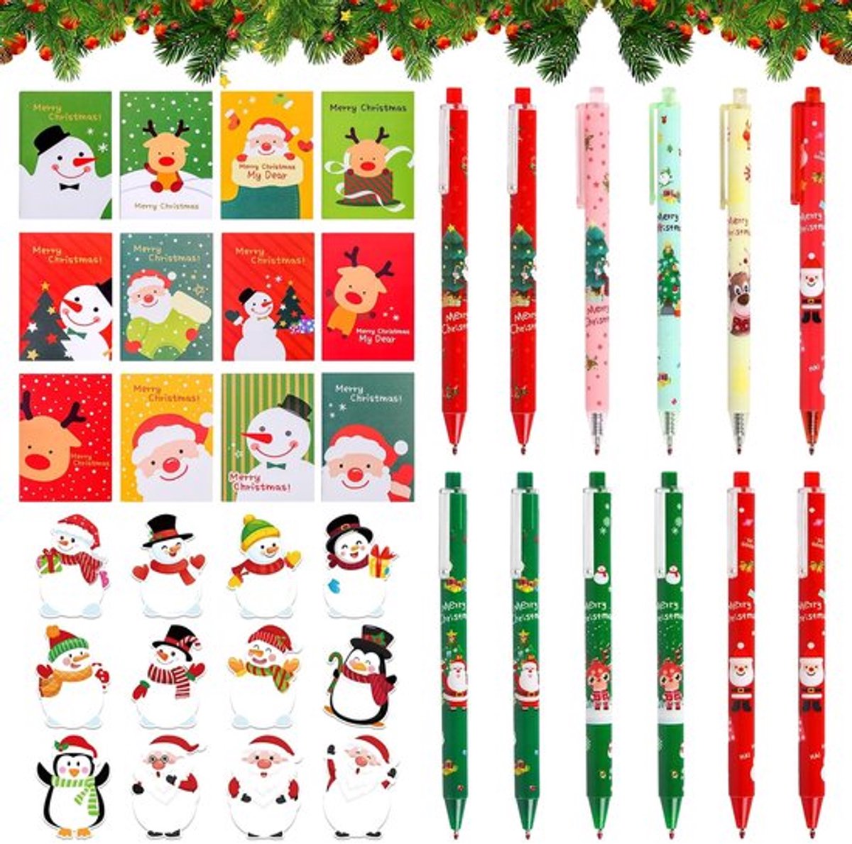 Kerstgelpennen - 12 Cartoon Kerstgelpennen - Mini-Kerstnotitieblokken - Zelfklevende Notities - Schrijfwarenset - Perfect voor School en Kantoor - Schrijfwaren
