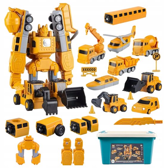 Gele transformeerbare robot met opbergbox en diverse bouwvoertuigen en accessoires.
