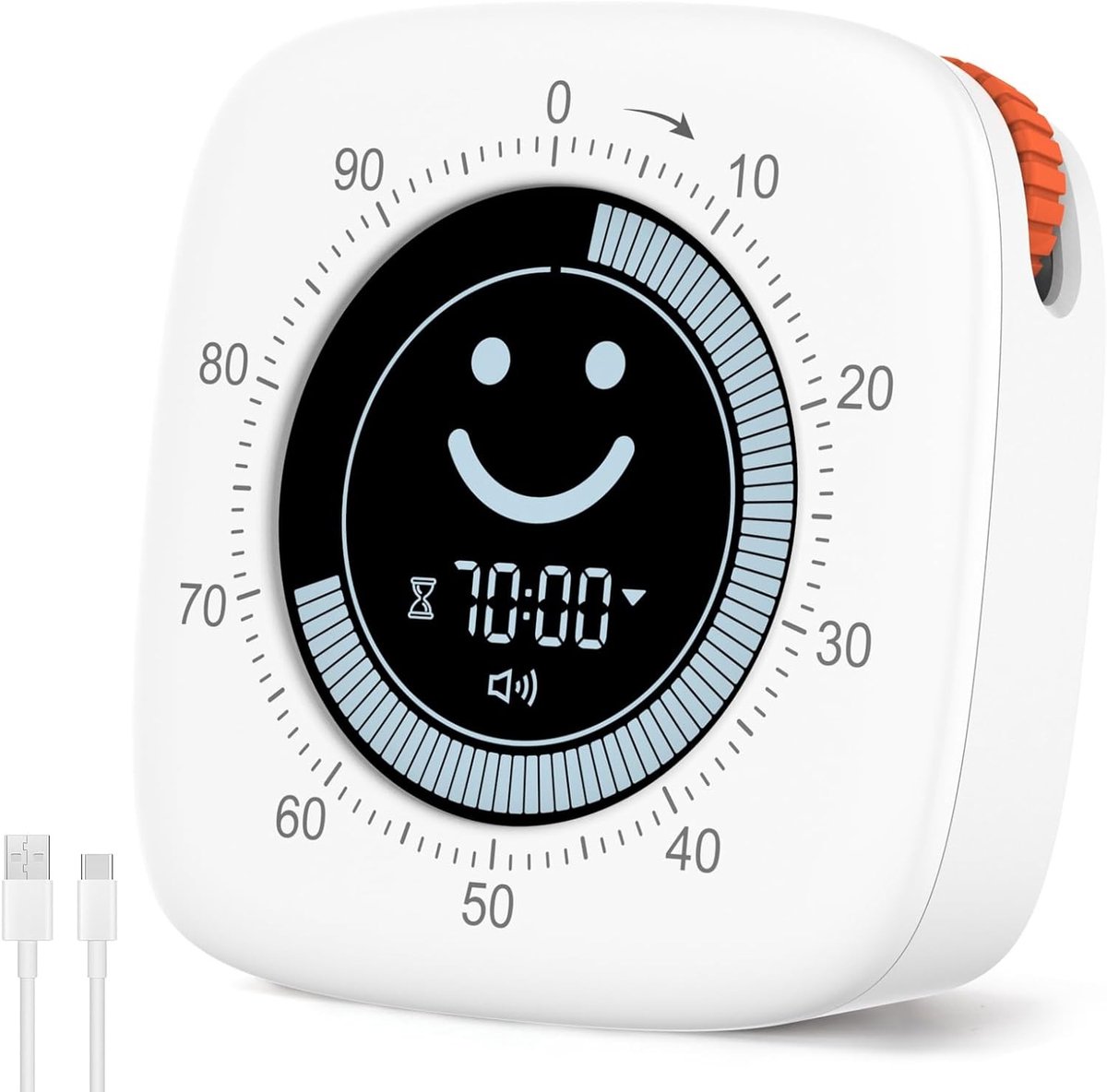 Pomodoro timer - Wit - 8 x 8 x 2,7 cm - Oplaadbare Digitale Keukentimer met Smiley Display - Voor Werk en Studie