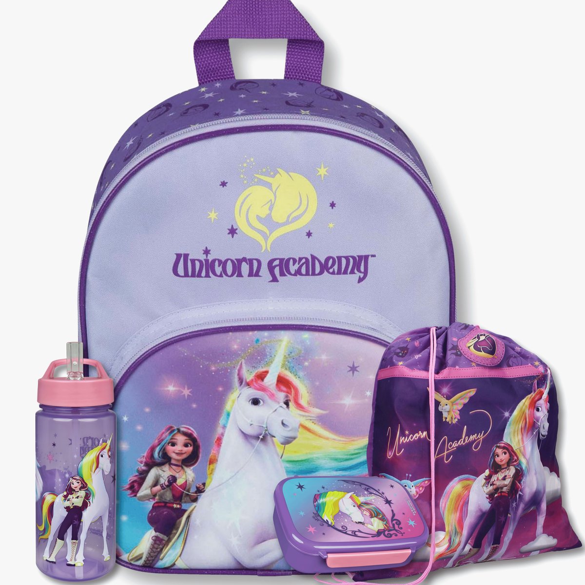 Unicorn Academy Schooltas Set 4-Delig – Rugzak, Gymtas, Lunchbox & BPA-vrije Drinkfles – Schoolset Meisjes – Paars