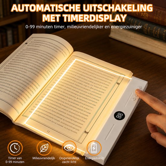 Leeslampje voor Boek - Platte LED Boeklamp - Boekenlegger Boeklamp - Platte Leeslamp - Oplaadbaar USB C - 3 Lichtkleuren Dimbaar met Timer - Geschikt om 's avonds te lezen — afbeelding 4