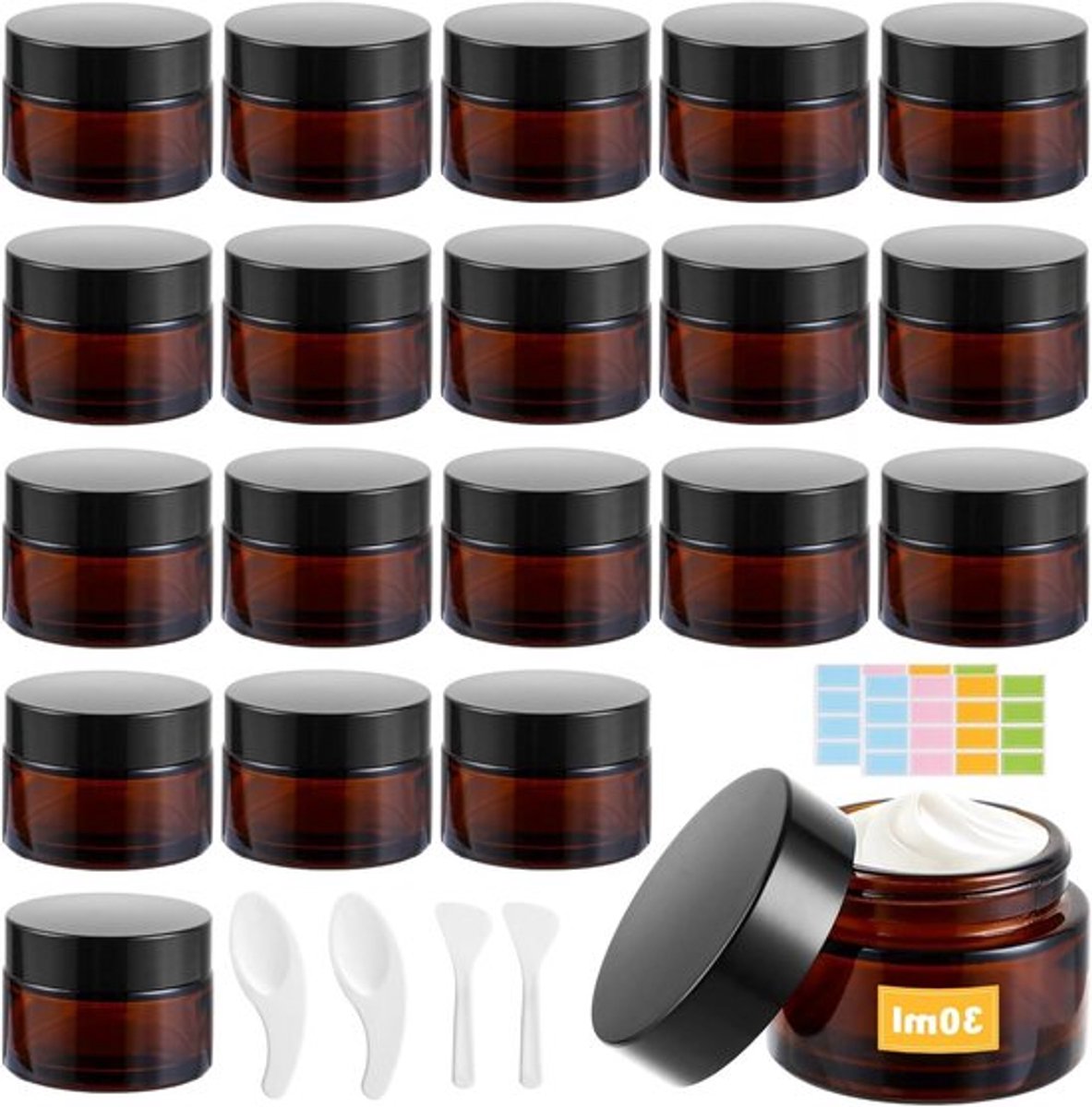 Set van 20 Lege Glazen Potjes van 30 ml voor Crèmes, Make-up en Lotions - Inclusief Spatel en Stickers voor Gemakkelijk Gebruik