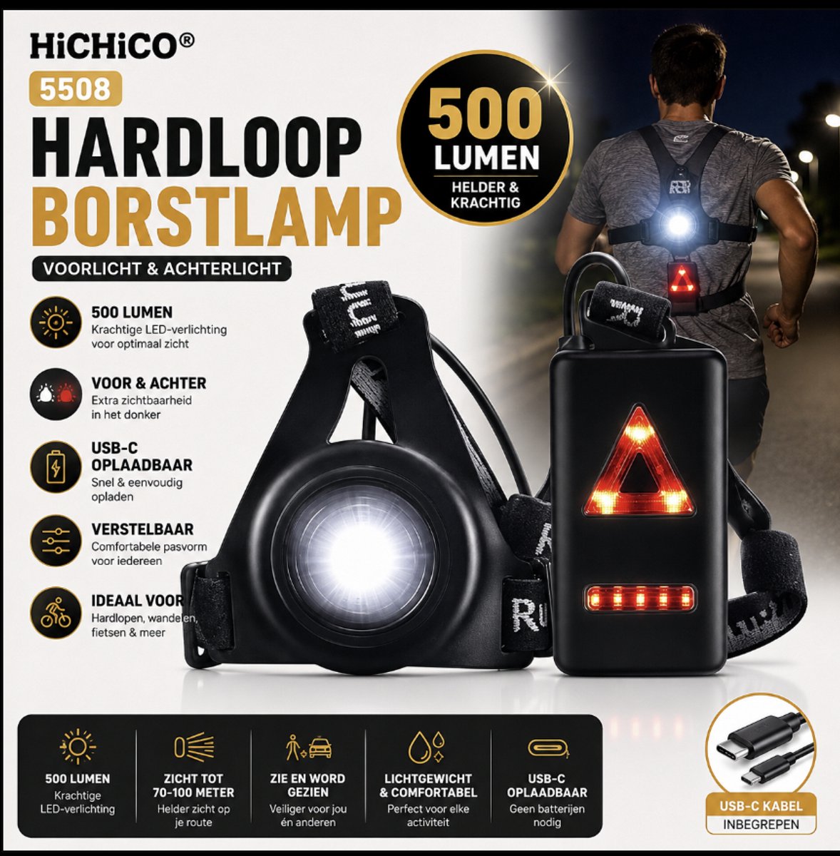 Waterdichte Outdoor Sport Running Lights - Led Night Fietsen Waarschuwing Fiets Licht Usb Borst Lamp Wandelen – Run Light 3 Modes Outdoor Sport - Wandel verlichting – Hardloop verlichting - Hardloop licht FAIRCO
