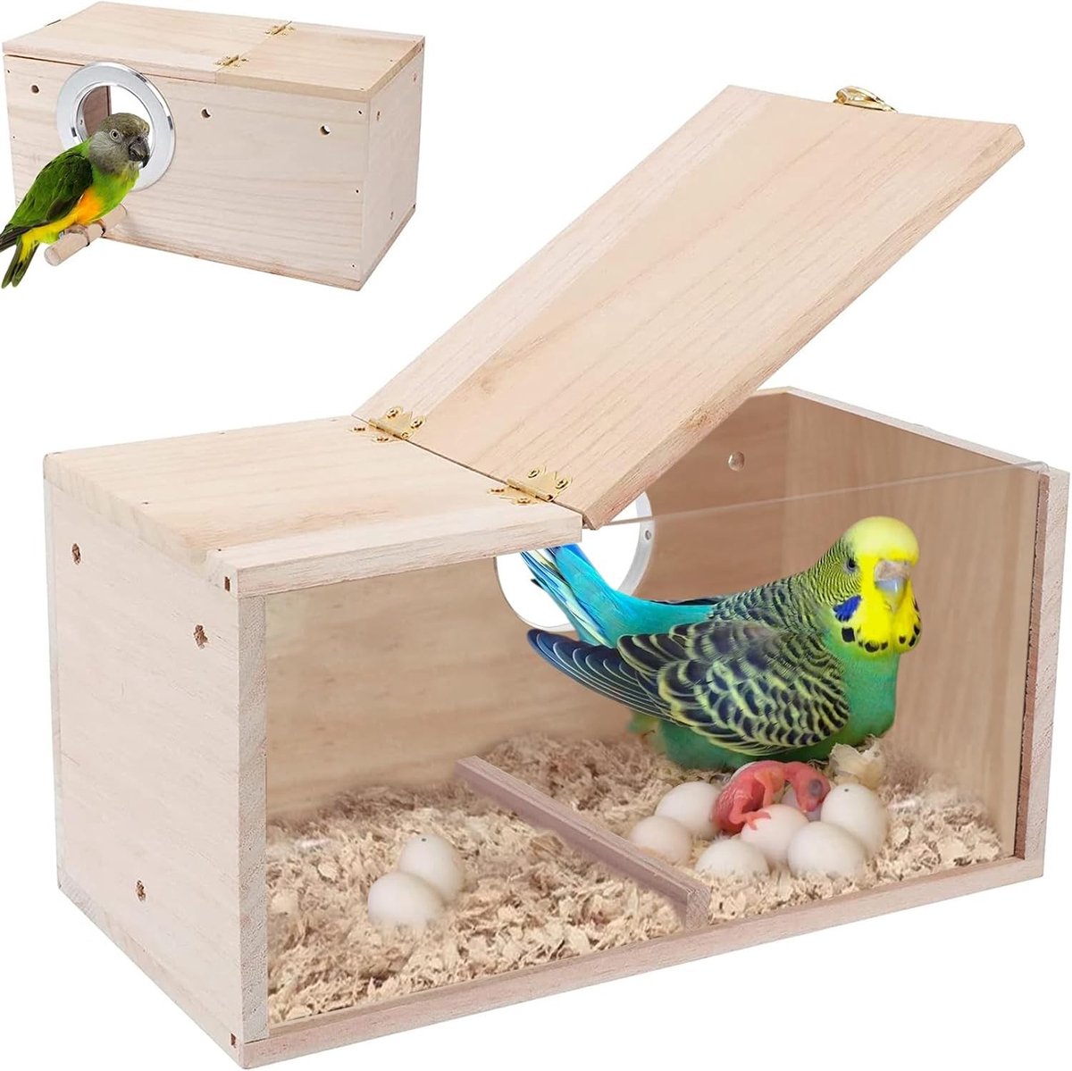 Houten Vogelhuisje voor Kleine Vogels - Transparante Kweekdoos met Basis voor Lovebirds, Vinken en Meer, 29,5 x 15 x 15 cm, Ideaal voor Vogelliefhebbers en Tuinieren