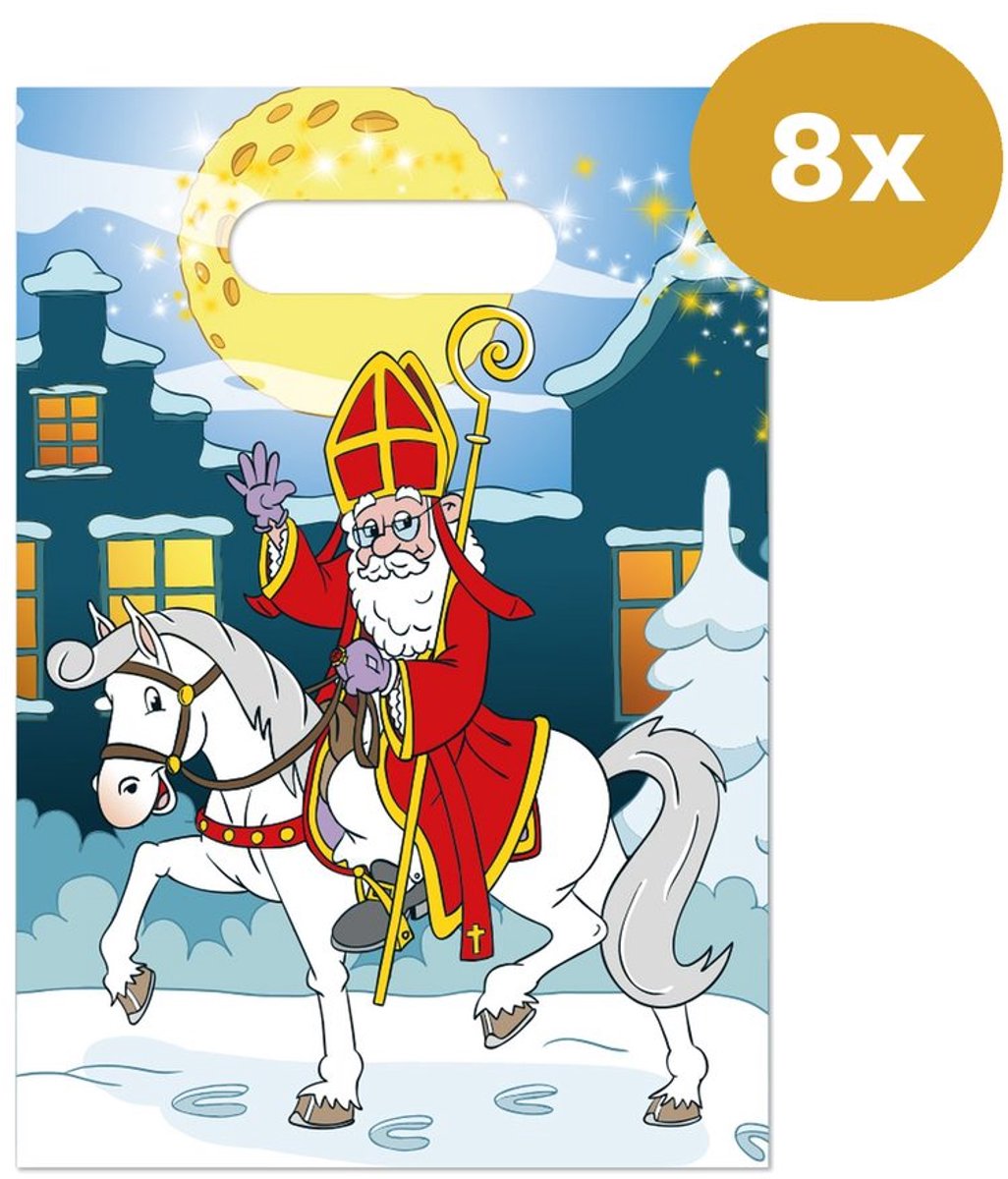 Sinterklaas Uitdeelzakjes 16x23cm (8 Stuks) - PE Cadeauzakjes Sint te Paard - Traktatie Snoepzakjes School