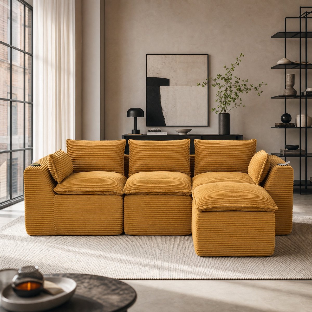 Wishdor Hoekbank 3-zits met voetbank - Kussens, drankhouder en zijvakken - Modulair - Corduroy - Oranje - 256 x 161 x 75 cm