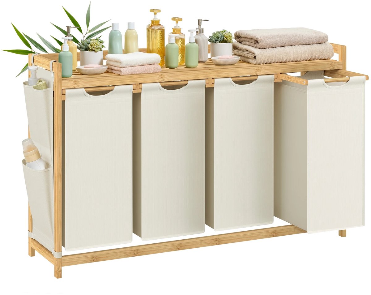 ITRONIQ Wasmand 4 Vakken 200 Liter - Wasmand Met Uittrekbare Waszakken - Bamboe Wasmand Met Plank - Was Sorteerder - Beige