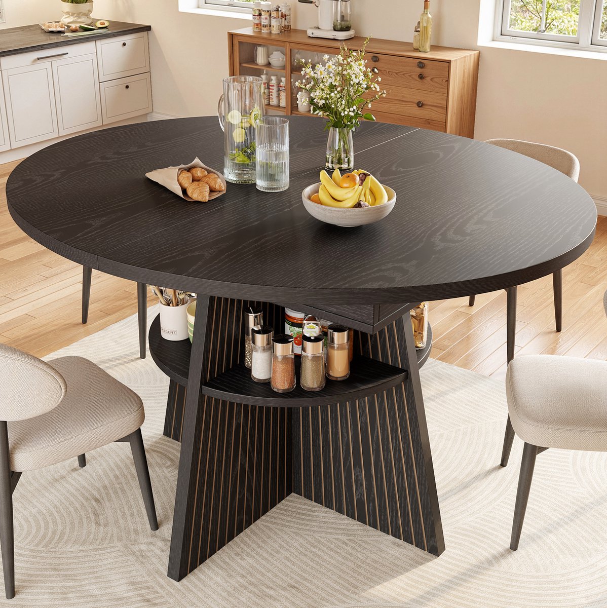 Wishdor Uitschuifbare eettafel - Rond naar lang - Opbergvak in poten - Afgeronde hoeken - Modern - Zwart - 110/150 x 110 x 76 cm