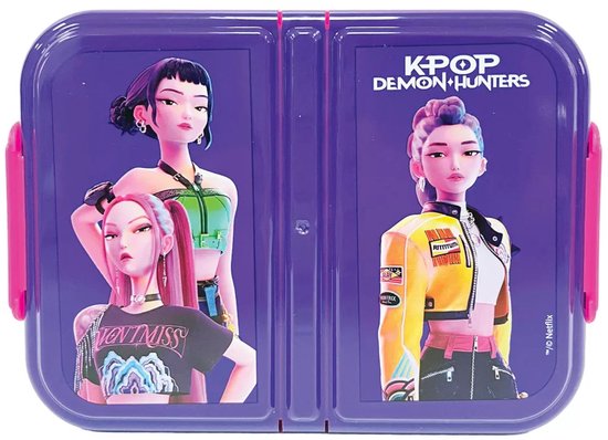 Paarse broodtrommel met KPOP DEMON HUNTERS logo en afbeeldingen van drie K-pop artiesten.