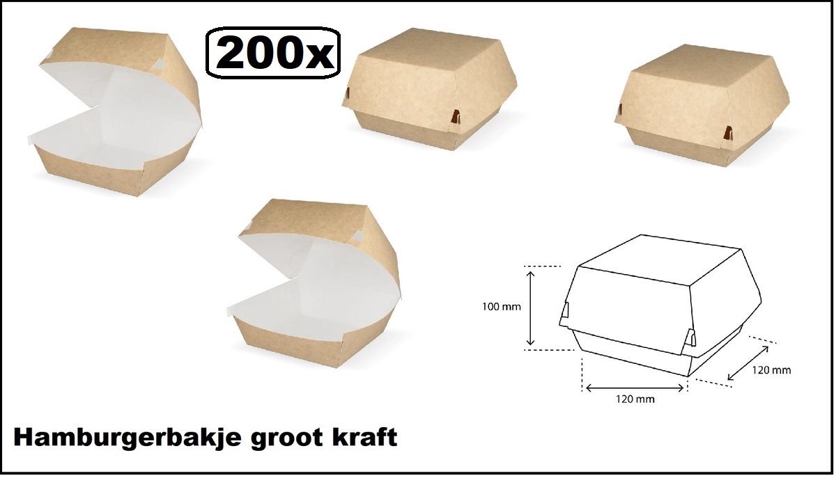 200x Hamburger bakje groot bruin karton - 120mm x 120mm x 100mm - Take away restaurant festival thema feest food