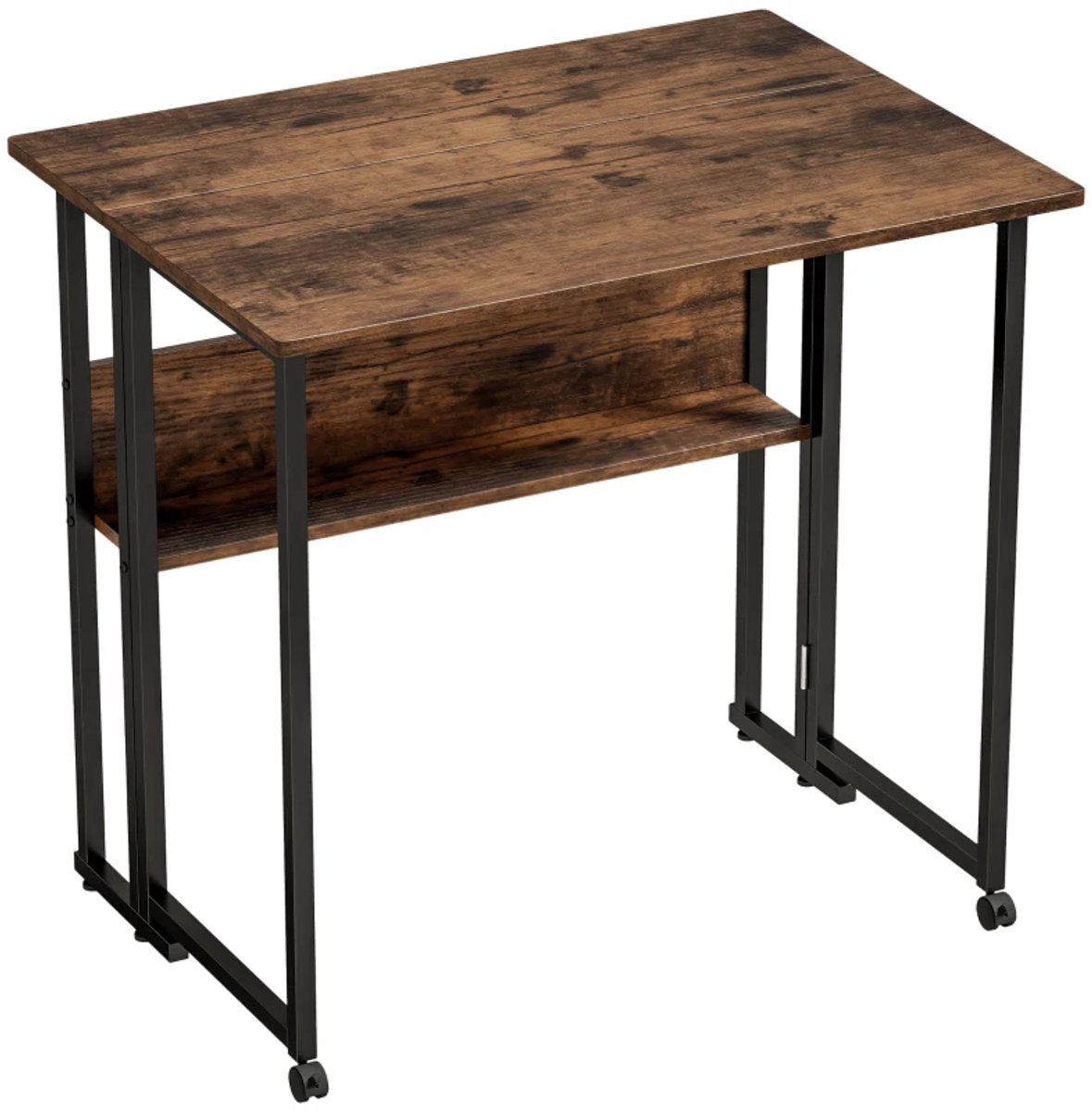 Inklapbaar Bureau met Opbergvak en Wielen - Ruimtebesparend Computerbureau - Kantoortafel - Werktafel - Bureautafel - Desk - 80 x 58 x 75 cm - Rustiek Bruin/Zwart