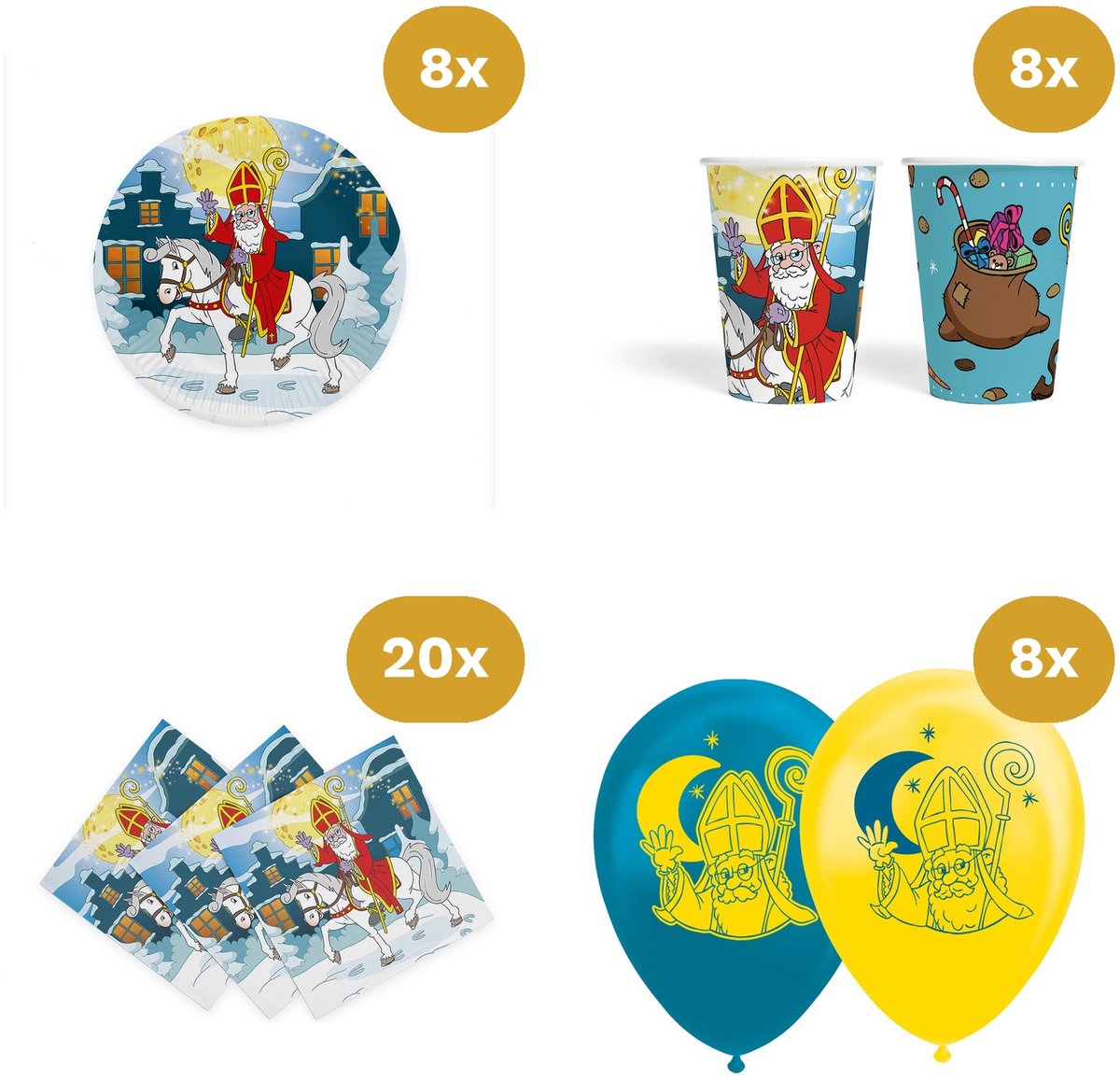 Sinterklaas Versiering Tafeldecoratie - 8x Bordjes, 8x Bekertjes, 20x Servetten & 8x Ballonnen - Pakjesavond Set 8 Personen