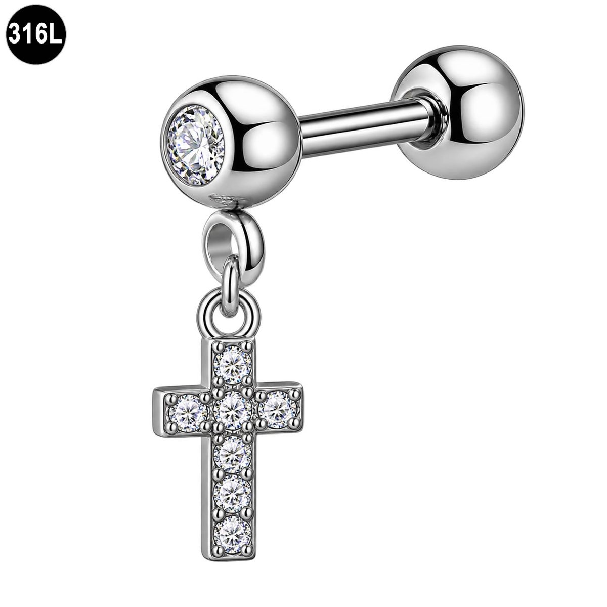 Helix Piercing met Kruis Hanger en Kristallen – 316L Chirurgisch Staal – Zilverkleurig – 1.2 x 6 mm – Tragus Oorpiercing