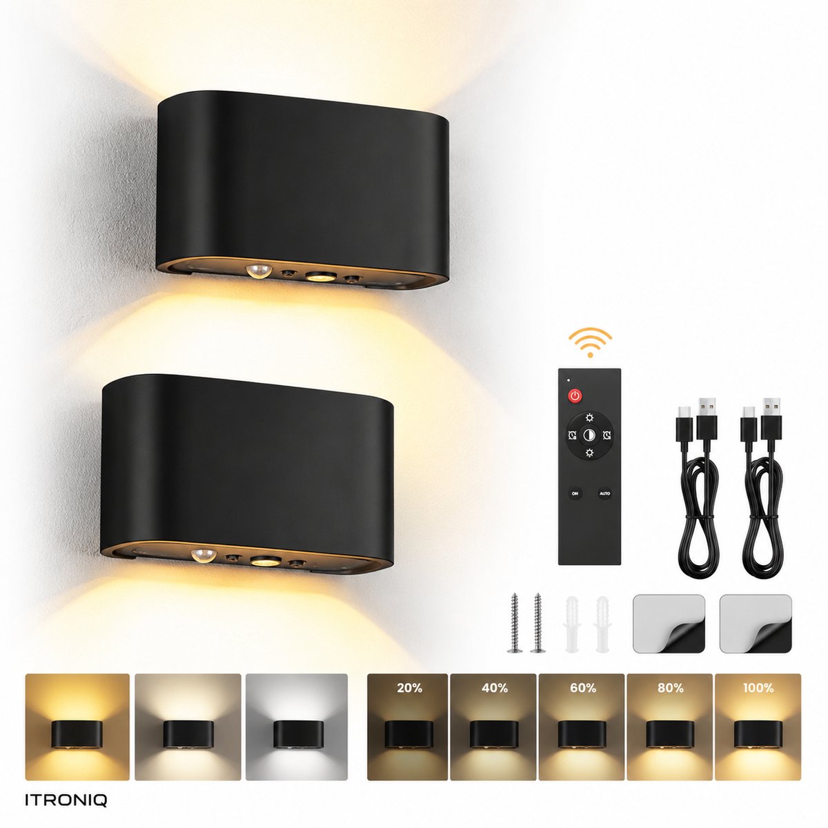 ITRONIQ Draadloze LED Wandlamp Binnen Set van 2 - Bewegingssensor - Oplaadbaar - Afstandsbediening - Dimbaar - 3 Lichtkleuren