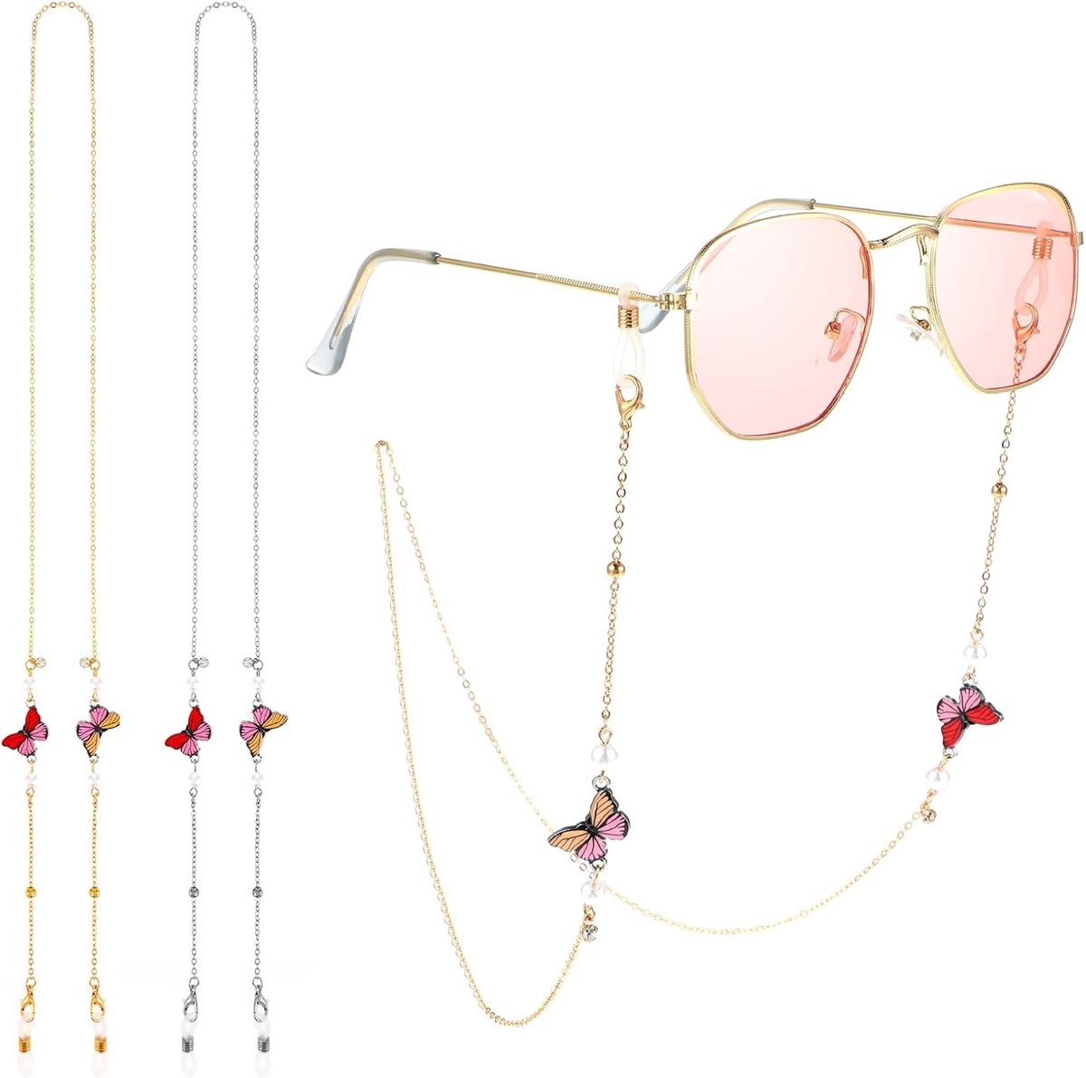 2-delige Brilketting voor Dames met Vlinder en Kralen, Bril Lanyard en Masker Houder, Modieuze Brilretainer Ketting