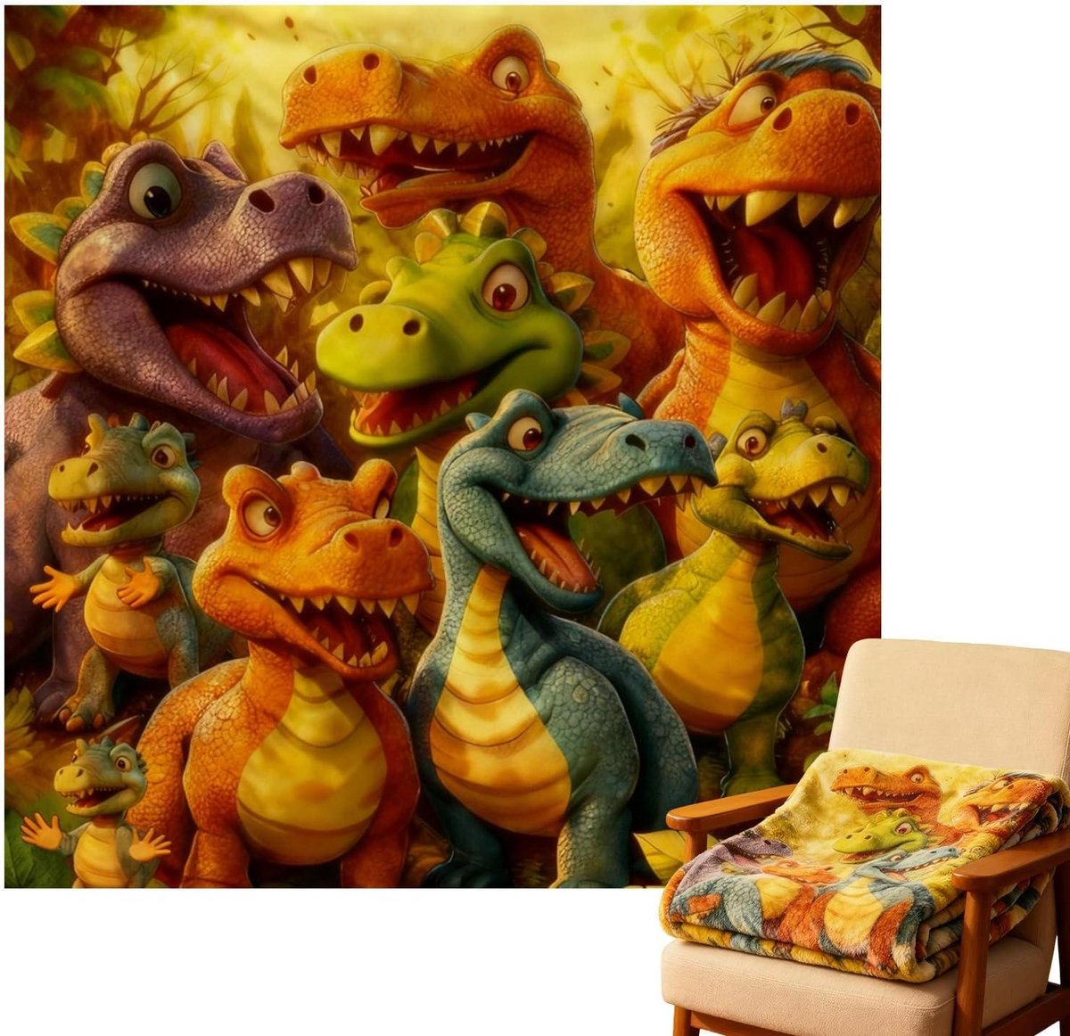 Dinosaurus Dekentje - Flanel Deken - Gezellig Ontspannen - Hoge Resolutie Print - 150 x 130 cm - Multicolor