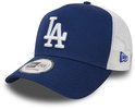 Casquette trucker bleue New Era avec logo 'LA' blanc et arrière en mesh blanc.