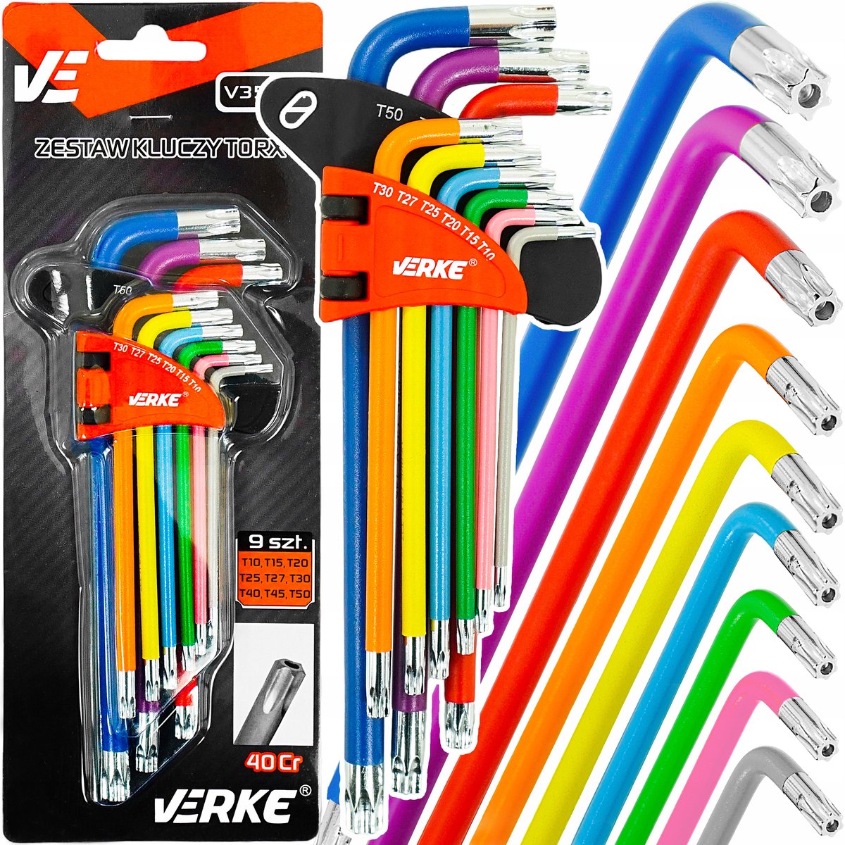 Set Torx Sleutels T10-T50, 9 Delig, Kleurgecodeerd, CrV Staal