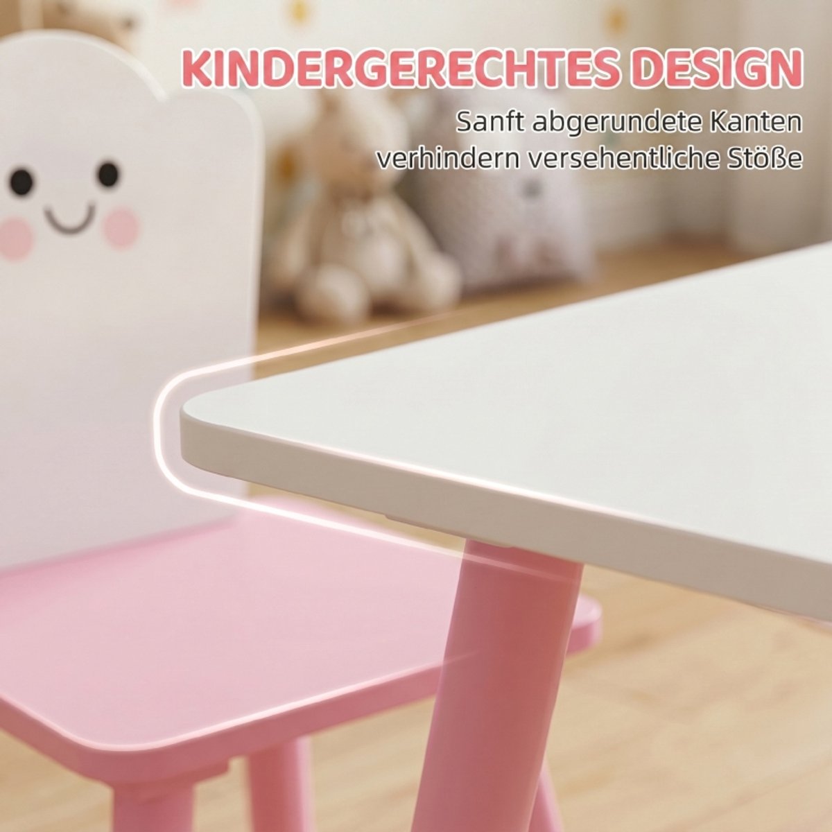 DESMIU Kindertafel En Stoelen Set - 3 Delige Set Met Afgeronde Hoeken - Voor Spelen En Leren Voor Kinderen - Hout - Roze Wit - 60 X 60 X 44 Cm
