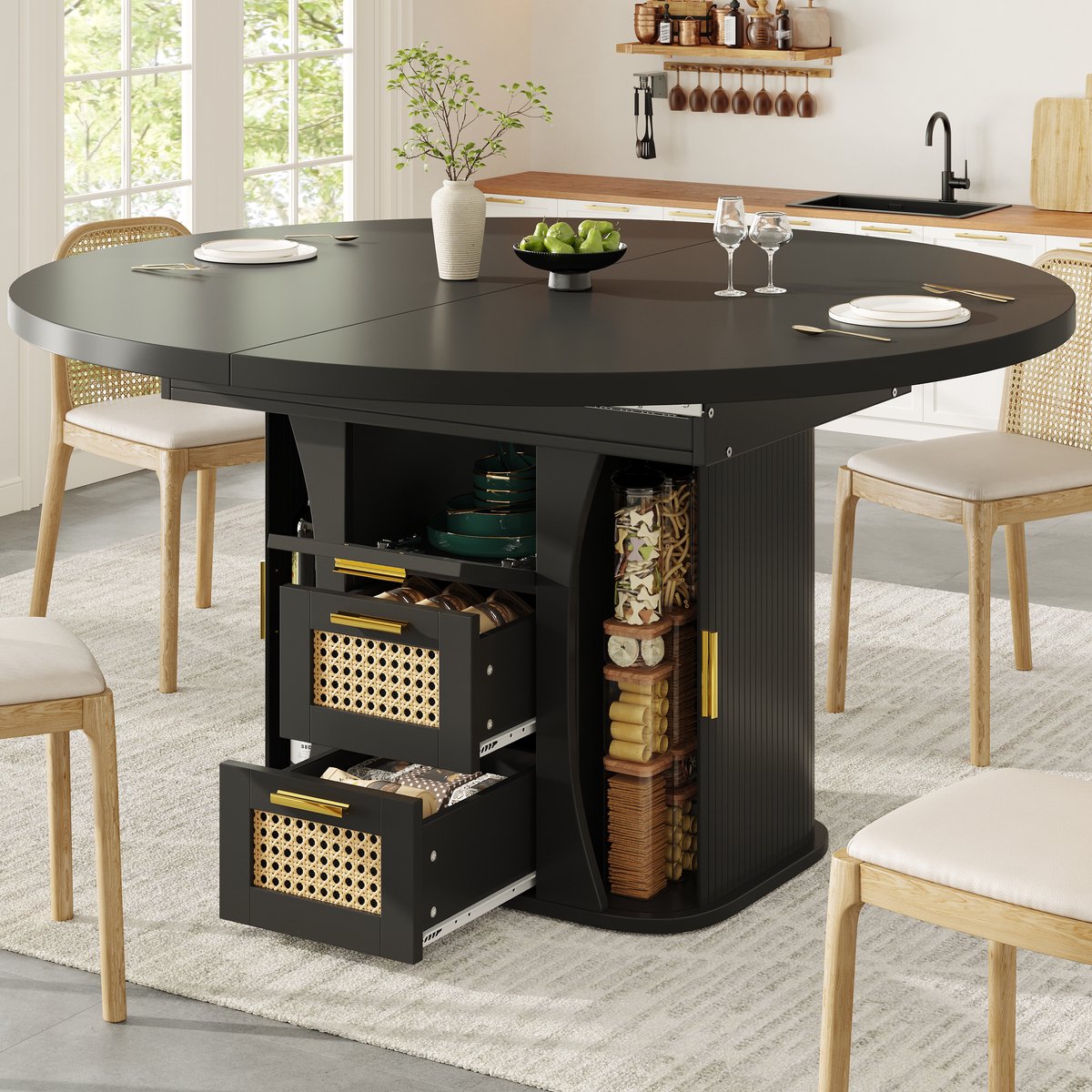 Wishdor Uitrekbare eettafel - Opbergruimte in rattan lades - MDF en metaal - Modern design - Zwart - 118 tot 158 x 118 x 77,1 cm
