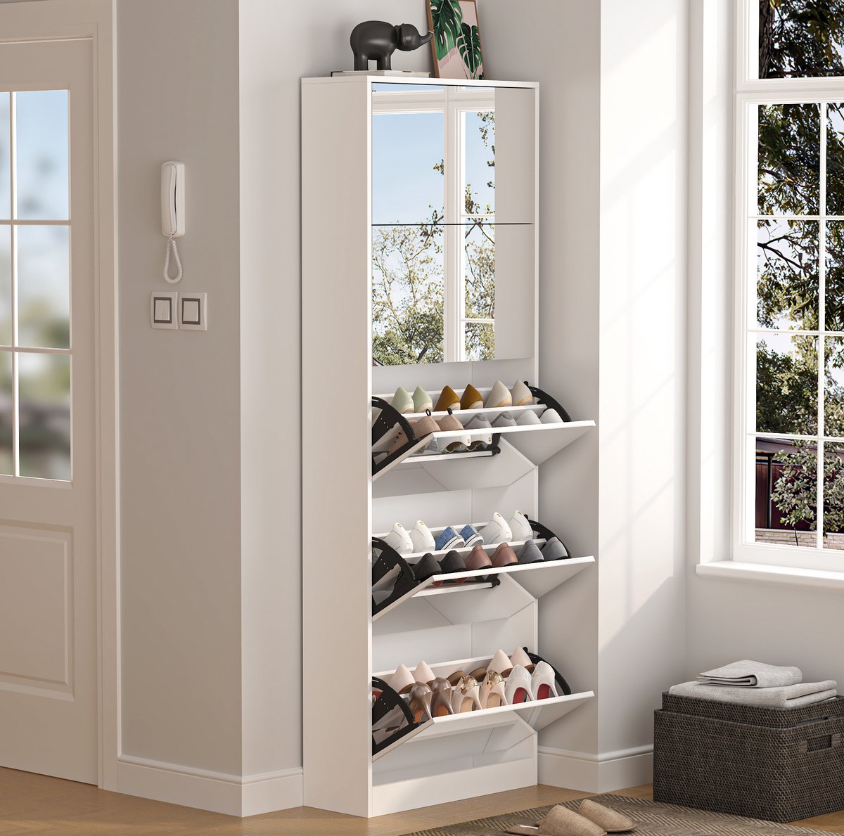 COVREO Schoenenkast met spiegel 63 x 23,6 x 185 cm wit MDF, 5 klapvakken