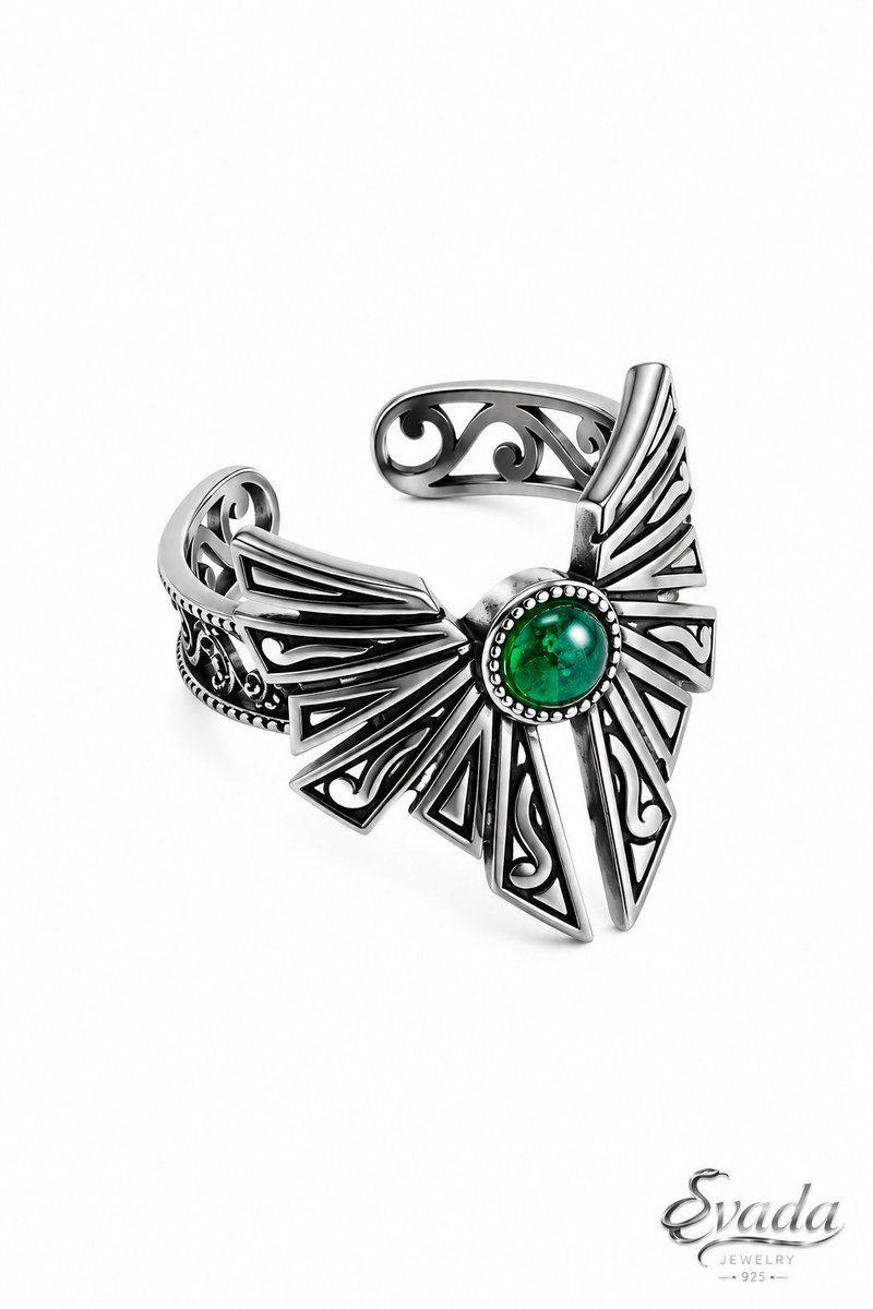925 Sterling Zilver Ring met Groene Steen – Vintage Waaier Design – Verstelbare Damesring – Statement Silver Ring Women – Bague Argent Femme Pierre Verte – EVADA Jewelry