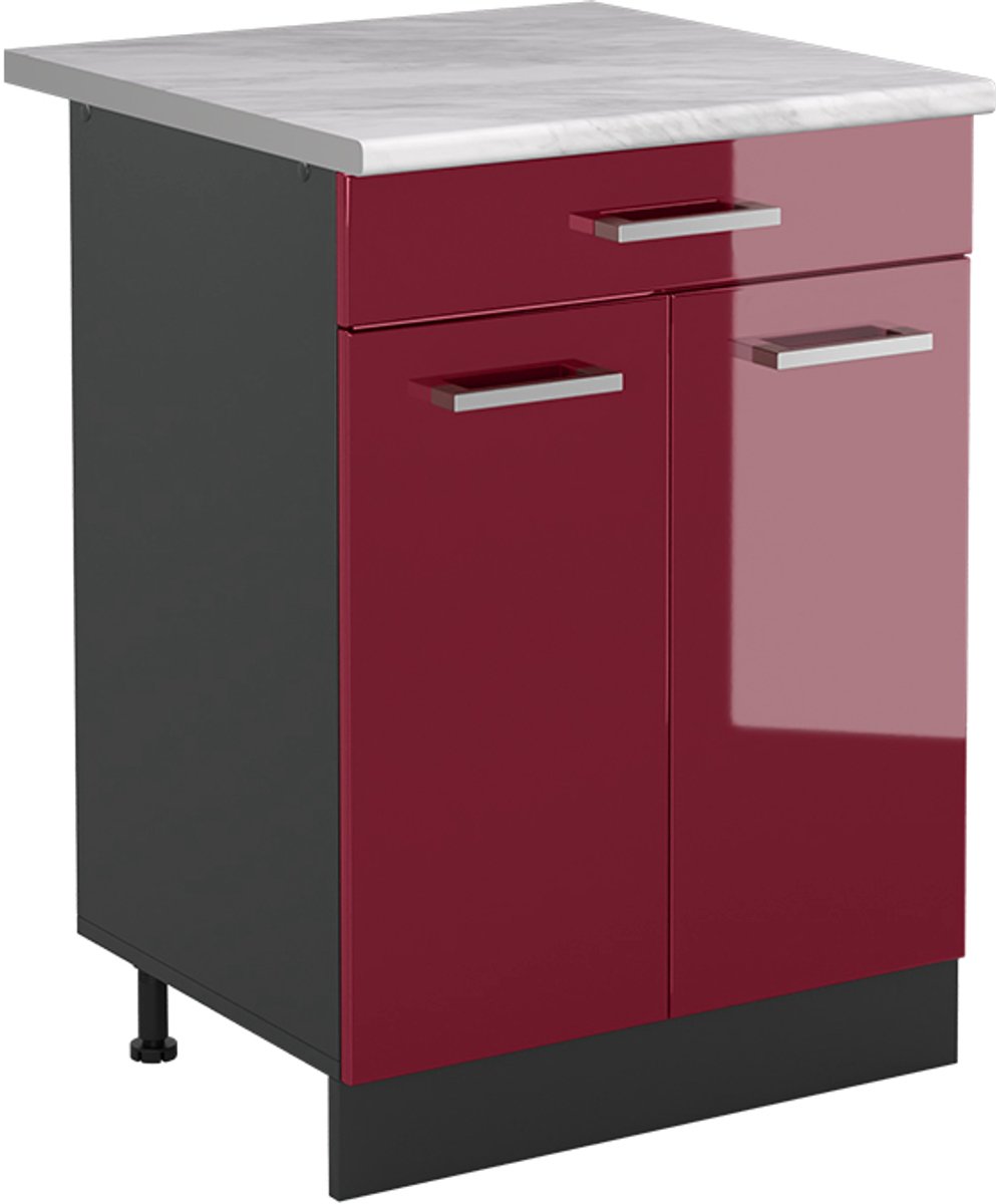 Vicco Keukenonderkast R-Line, Rode hoogglans/Antraciet, 60 cm met lade marmer werkblad