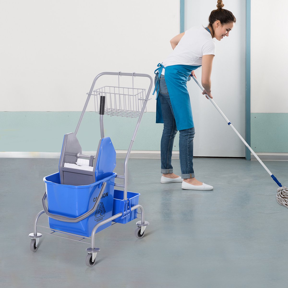 COVREO Reinigingswagen 25 liter blauw kunststof, met wringer en 4 wielen