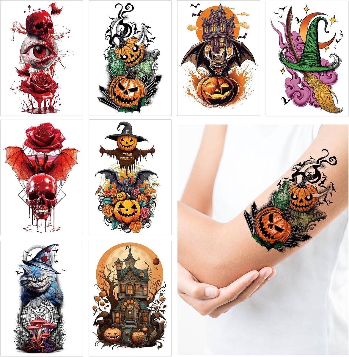 Tijdelijke Halloween-armtatoeages met pompoenen, doodskoppen en vleermuizen voor feestelijke decoraties en kostuums, perfect voor Halloweenfeestjes en make-upaccessoires