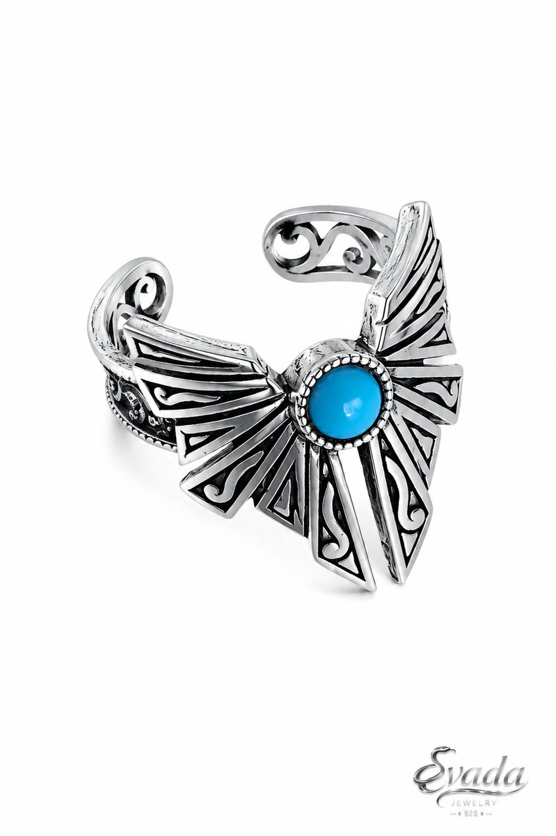 925 Sterling Zilver Ring met Blauwe Steen – Vintage Waaier Design – Verstelbare Damesring – Statement Silver Ring Women – Bague Argent Femme – EVADA Jewelry