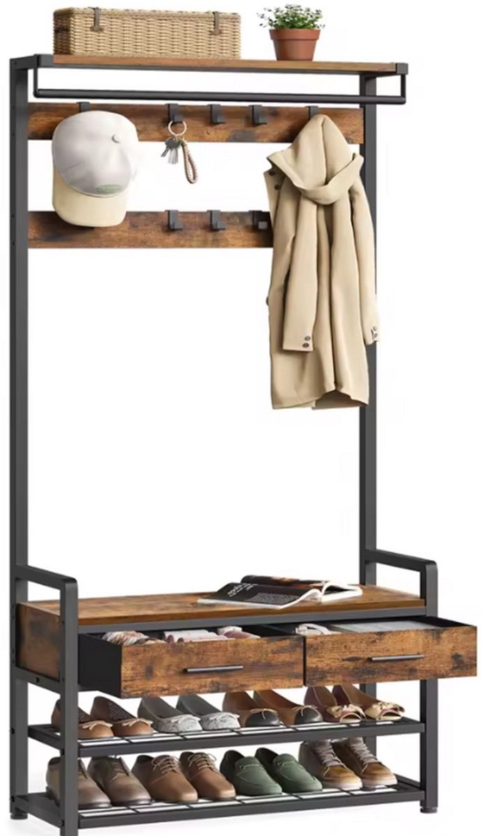 Gudalio Kapstok met Schoenenrek en Zitbank - Garderoberek - Halmeubel - Met Haken, Lades en Opbergruimte - 181,6 cm - Metaal en Hout