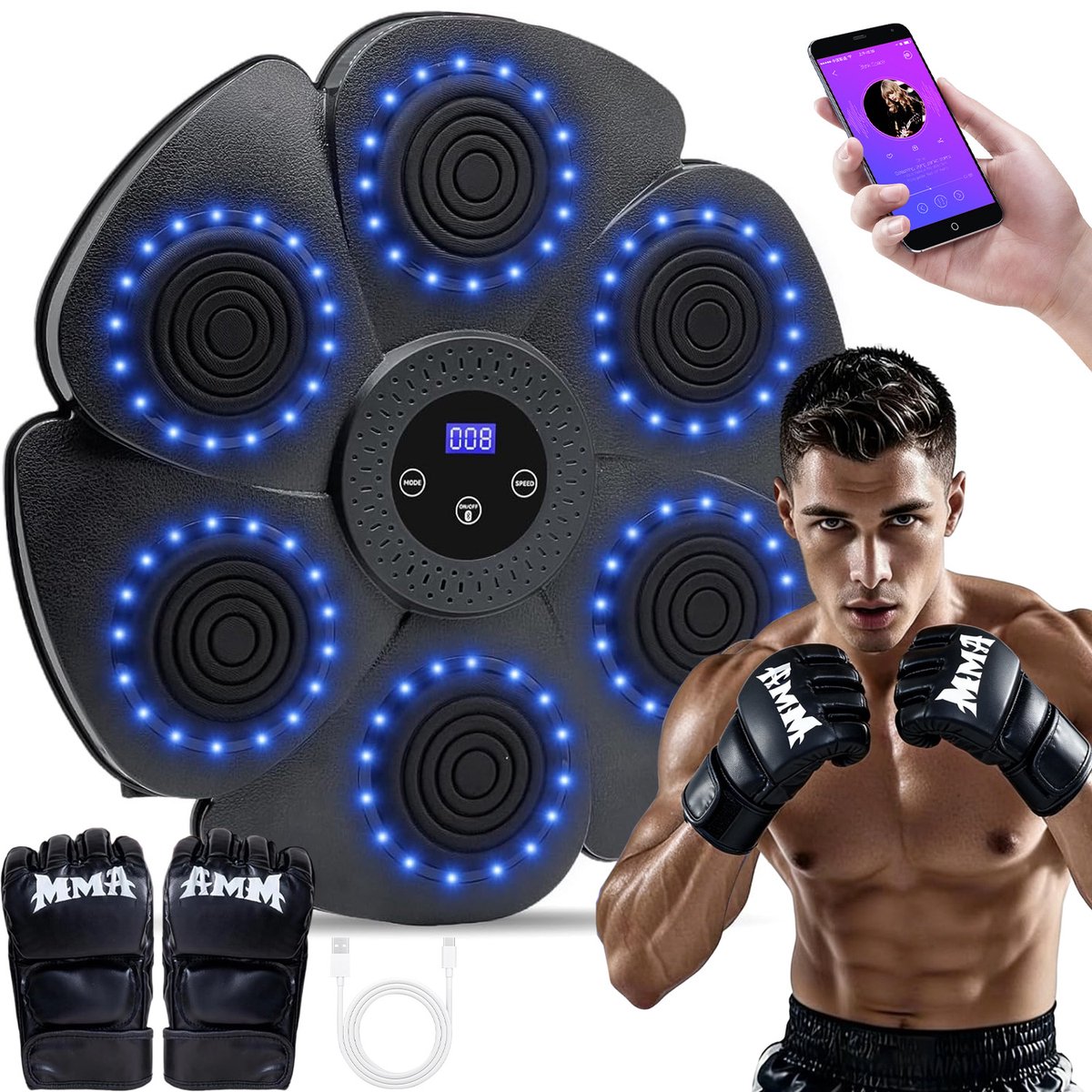 Slimme Bluetooth Boksmachine - Muziek Bokstrainer - Bluetooth Muziek - LED Lichteffecten - Schokabsorberend Slagvlak - Gevoelige Druksensoren - Eenvoudige Wandmontage - Voor Thuis, Sportschool en Buiten