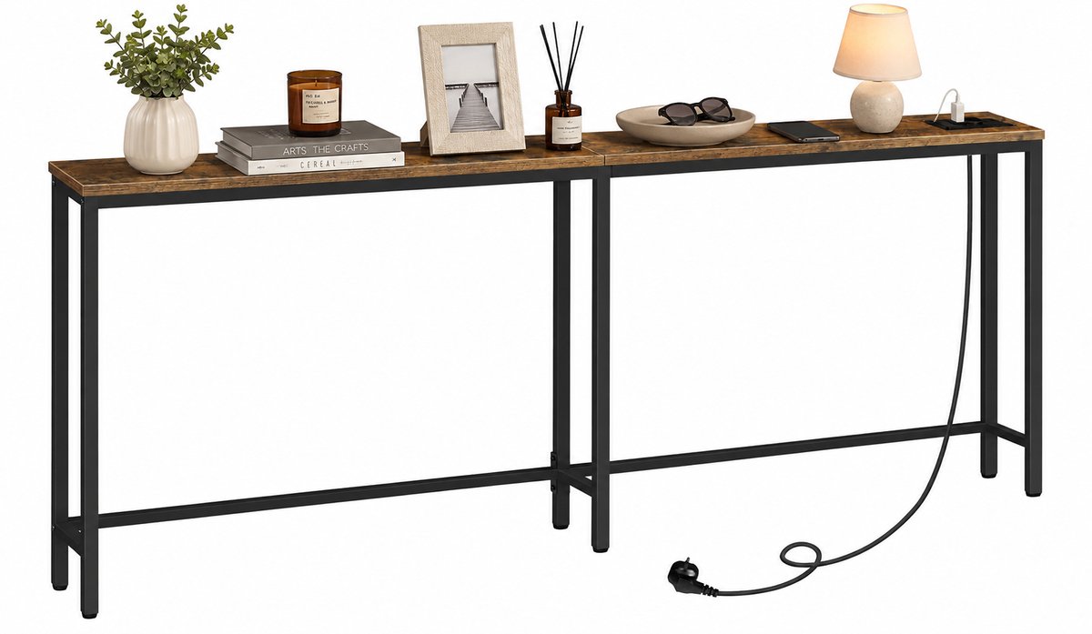 Signature Home Consoletafel - Console tafel - bijzettafel met Stopcontact 160 cm - Smalle Sidetable met Oplaadstation - Haltafel Achter Bank - Vintage Bruin/Zwart