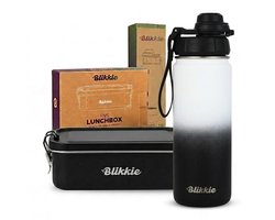 Blikkie RVS Schoolset - Drinkfles 500 ml & Lunchbox 1200 ml met Divider - Broodtrommel - Thermosbeker voor Kinderen - BPA-Vrij - Wit en Zwart - Back to School