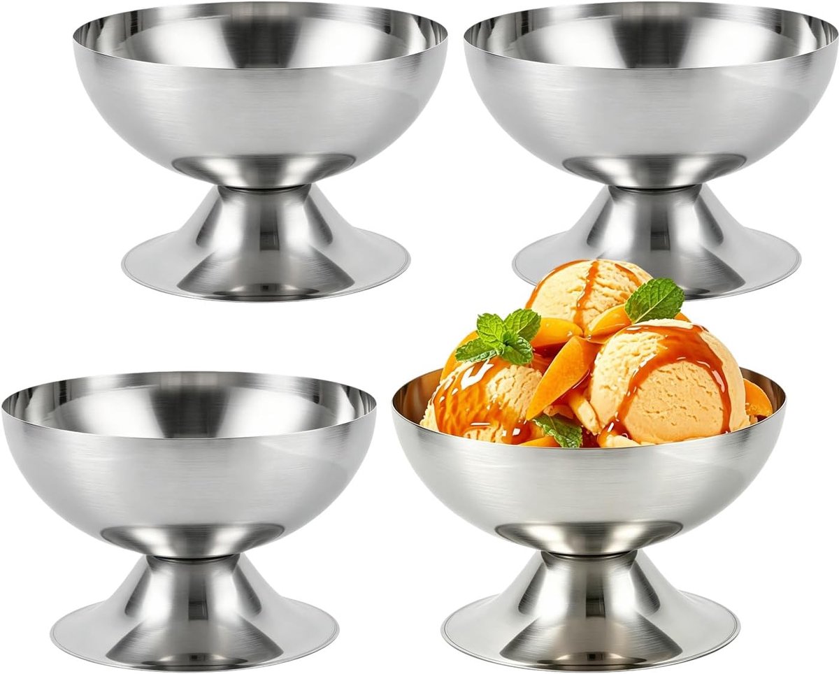 Bobypet - IJsbekers - RVS dessertbekers op voet - Set van 4 - Ronde metalen dessertkommen van 10 cm - Voor het serveren van ijs, pudding en fruit - Dessertservies - 10*6.5cm - Zilver