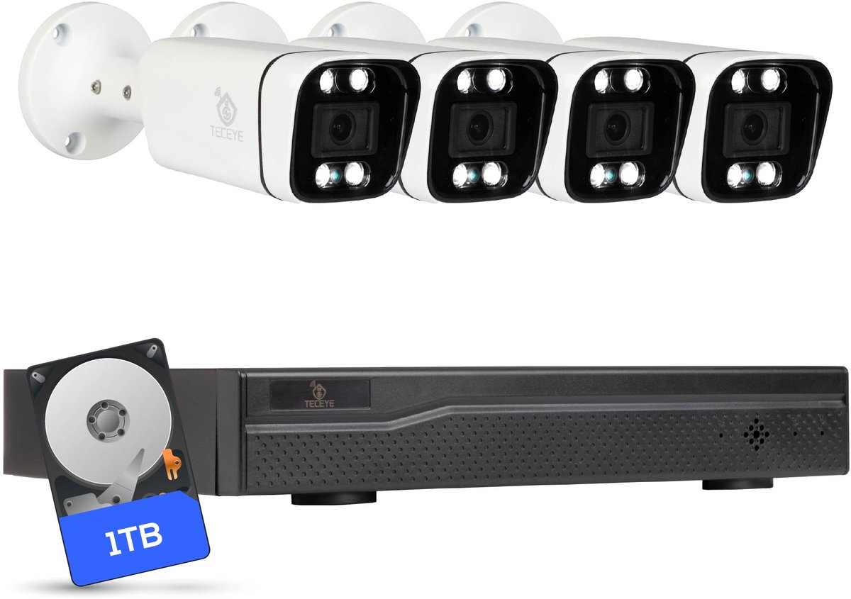 Teceye Compleet Camera Beveiliging Set met 4x POE Camera's - 1TB - Beveiligingscamera - Beveiligingscamera binnen - Beveiligingscamera buiten - CCTV Camera systeem - Beveiligingscamera set - Bewakingscamera set